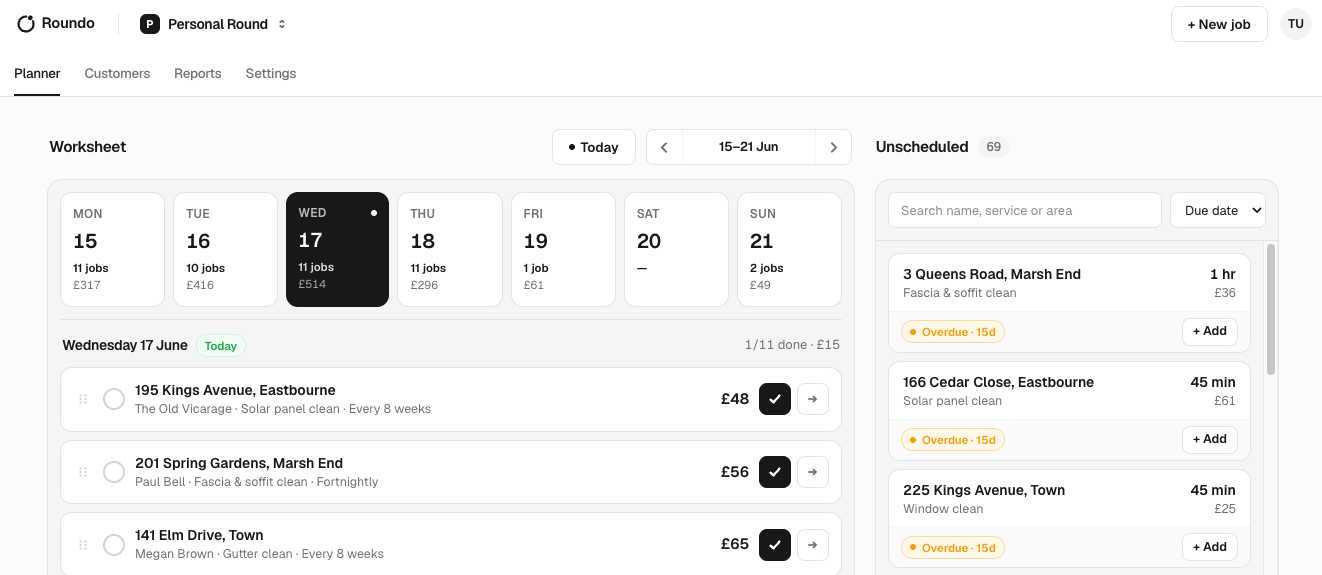 Roundo planner — weekly worksheet and unscheduled jobs